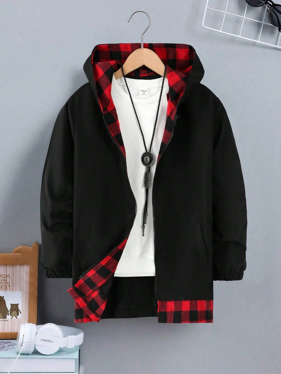 Tween Boy Personality Snap Placket Plaid Patchwork Black Solid Color Windbreaker Jacket, 2 In 1 Youngster Red & Black Checked Floral Windproof Winter Casual Outerwear, Fashion Boy Tops