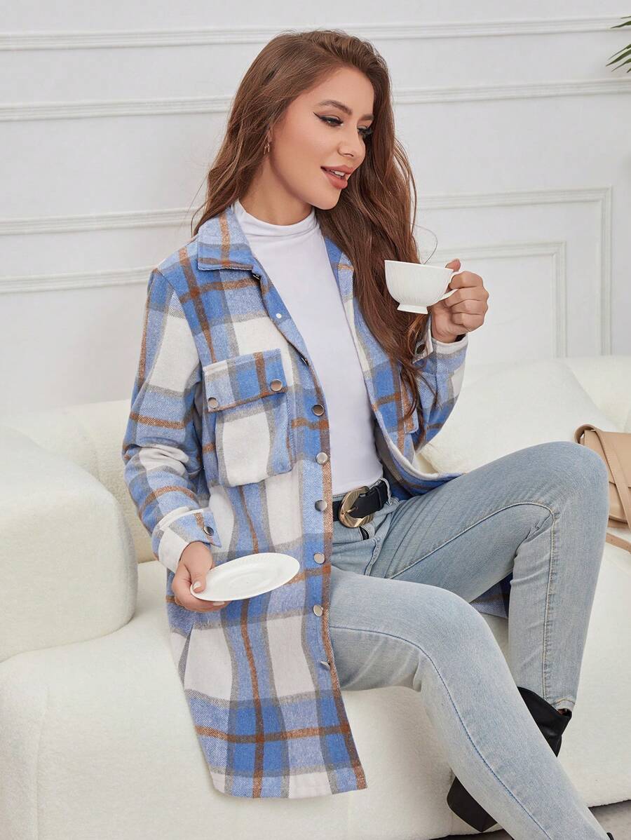 Manteau décontracté à manches longues pour femmes avec col revêrant en laine à carreaux, fermeture à boutons, poches à double rabat, pour l'automne et l'hiver