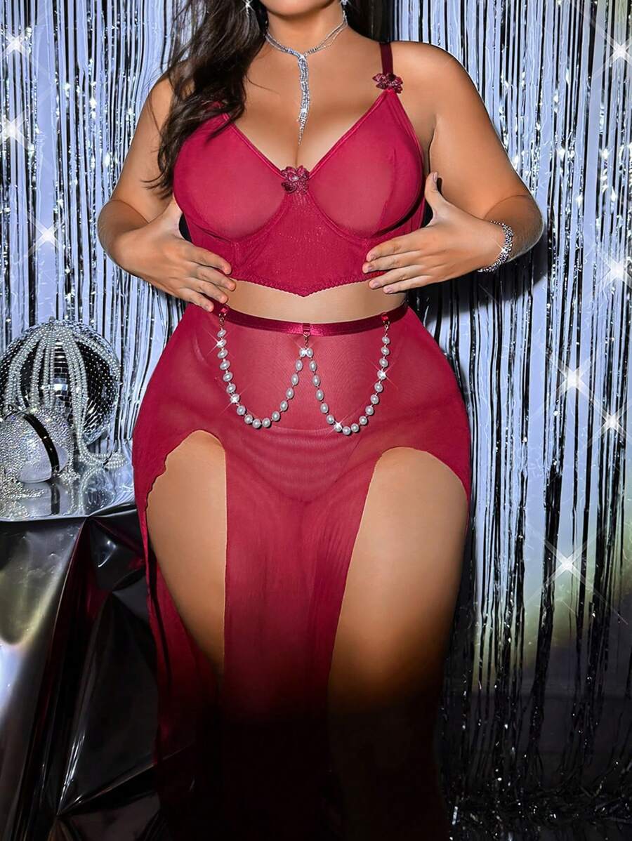 Conjunto de lencería sexy de talla grande con encaje y perlas