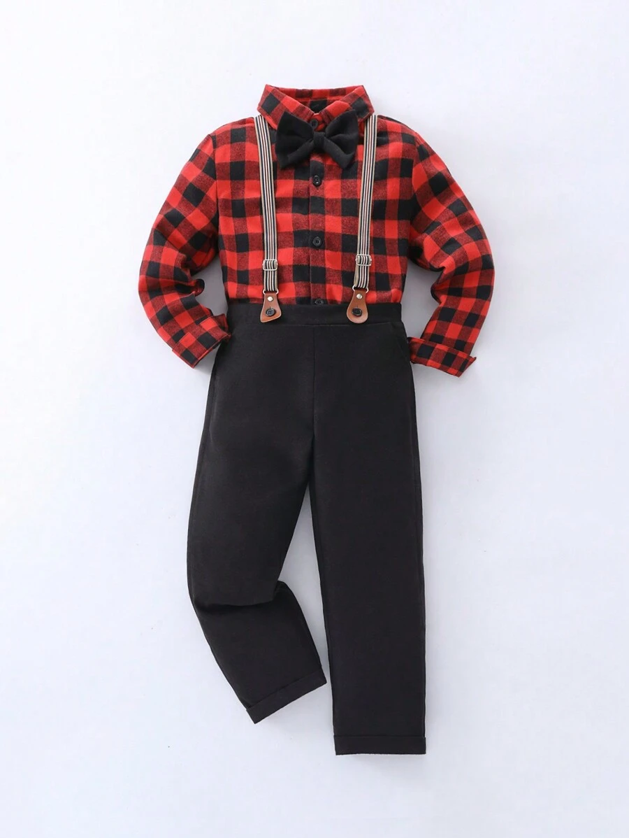 SHEIN Conjunto de 2 peças/conjunto de camisa xadrez casual preta e vermelha para meninos adolescentes com botões e calças suspensórias, adequado para primavera e outono, casual, diário, ao ar livre, escola, festa, casamento, natal, dia das bruxas e muito mais