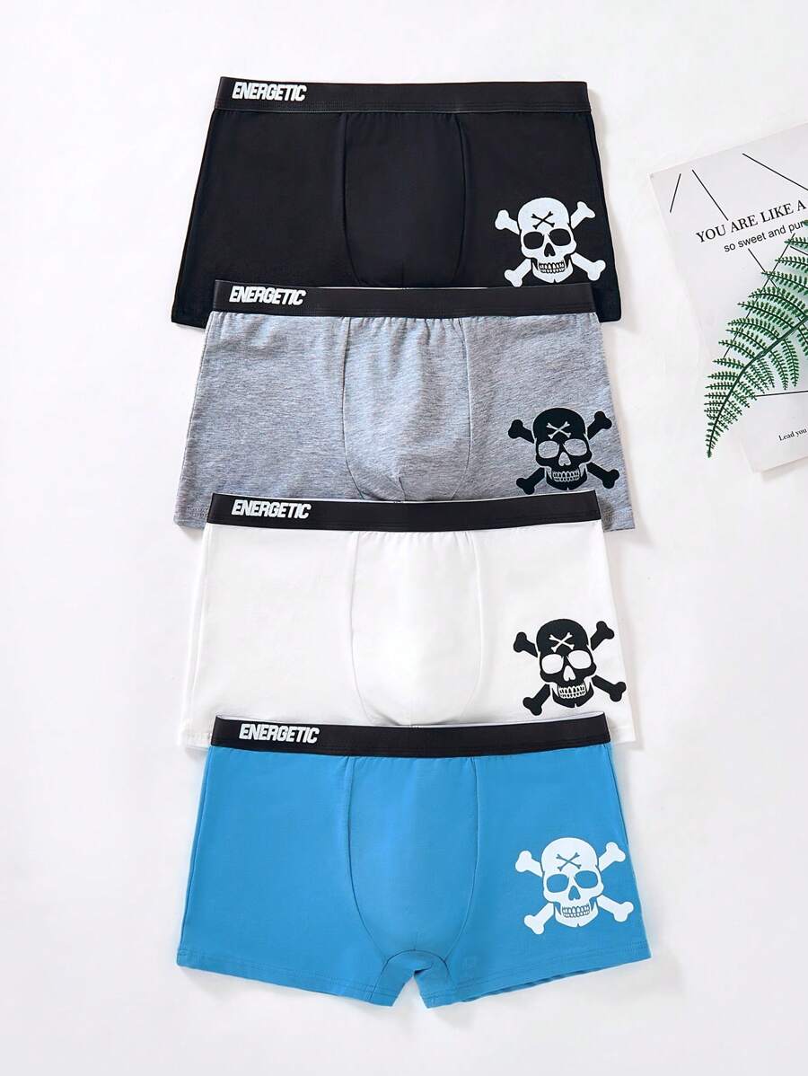 SHEIN 4pcs/Pack Teenage Boys' Comfortable Cartoon Print Letter Elastic Breathable Boxer Briefs