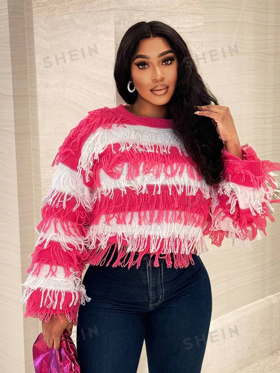 BamGleam Suéter para mujer, blusa para mujer, mangas largas de punto, cuentas cortas colgantes, contraste de color, color rosa, suelto y sexy, reunión amigable, todas las estaciones, ropa de otoño e invierno para mujer