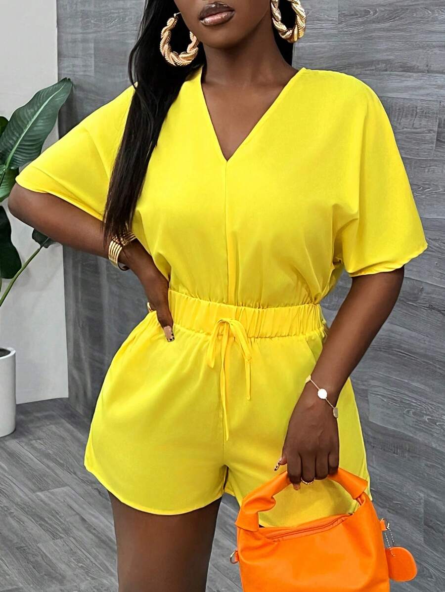 Slaydiva Casual V Neck Bat Sleeve Short Sleeve Shorts Yellow Women's Jumpsuit-C