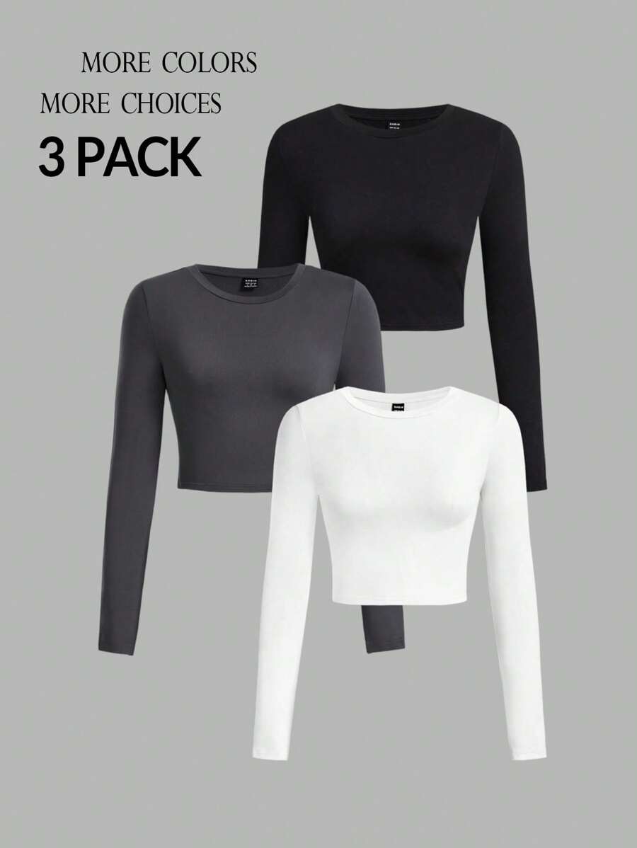 SHEIN PETITE Conjunto de 3 piezas de camisetas casuales y simples para mujeres, de cuello redondo, de manga larga y ajustadas en la Bottom