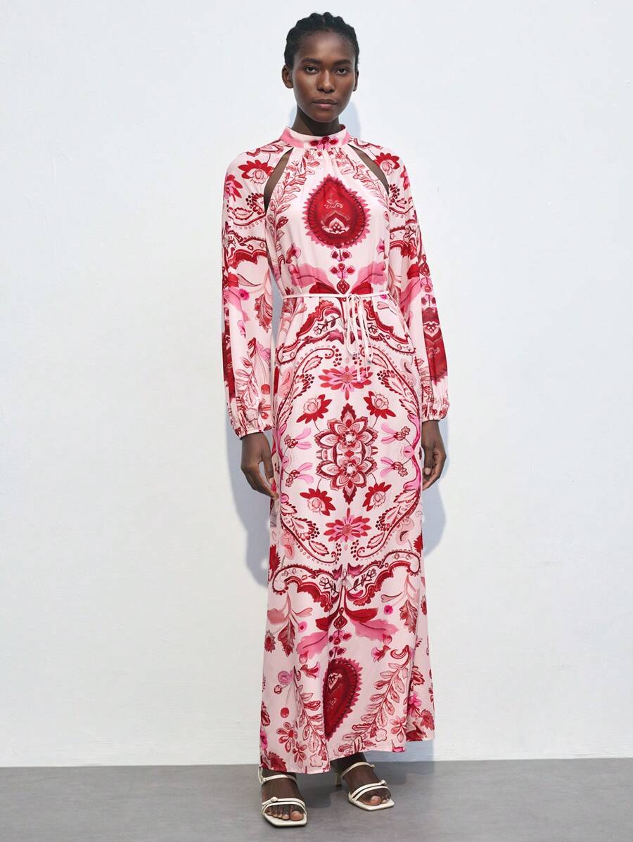 Maija Women's Holiday Floral Print Hollow Out Shoulder Long Sleeve Elegant Dress