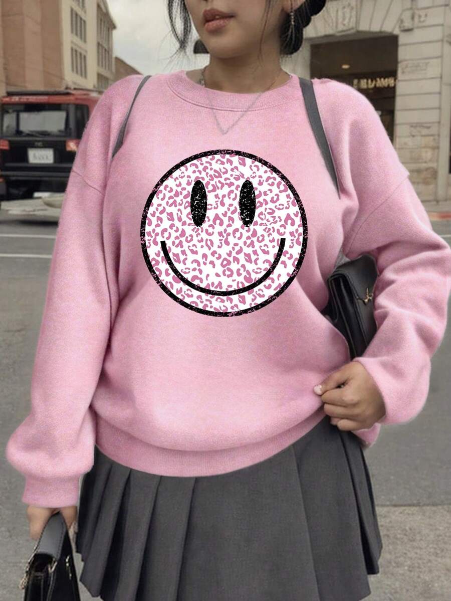 SHEIN EZwear sweat-shirt à capuche épais oversize avec imprimé visage souriant minimaliste rose léopard, coupe décontractée. Tailles plus