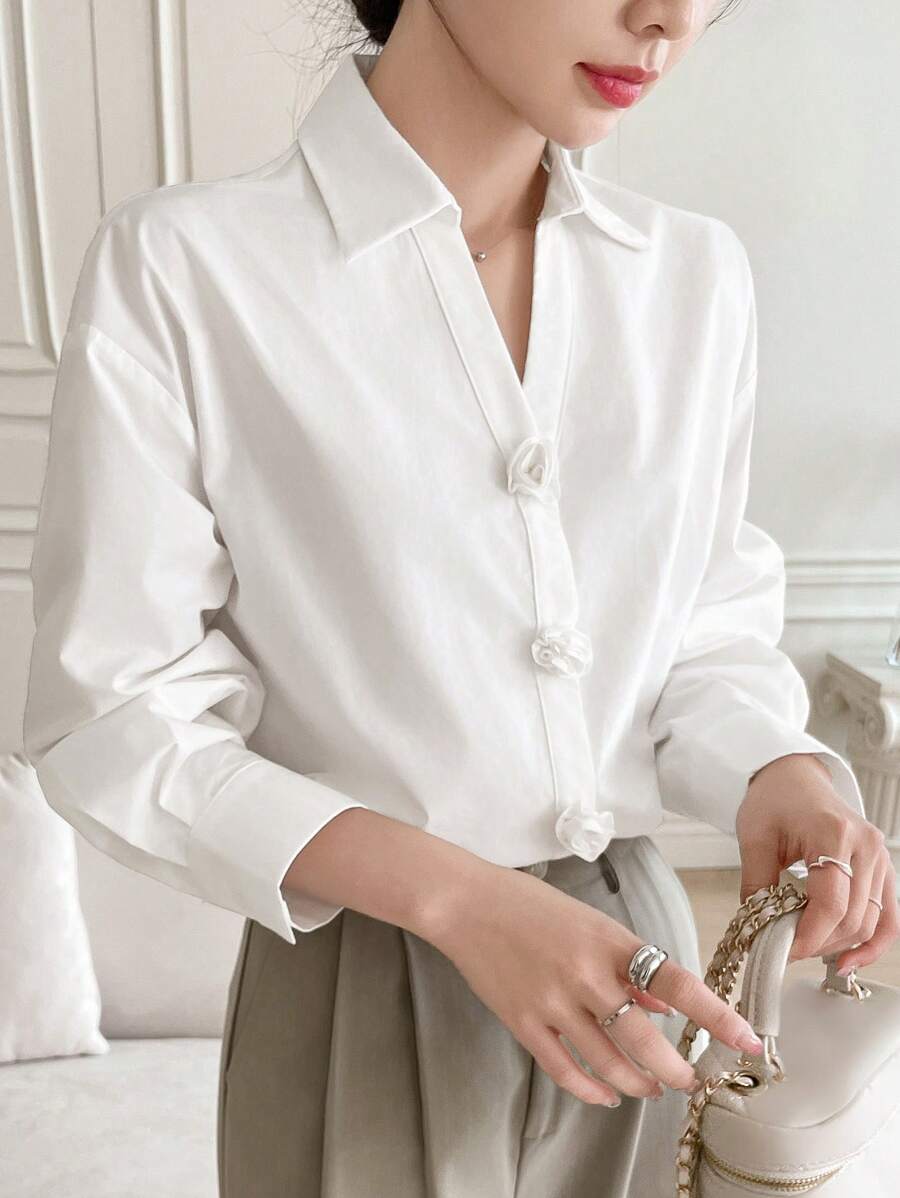 DAZY Blouse à manches longues avec application florale de couleur unie oversize pour femmes, vêtements d'automne pour femmes