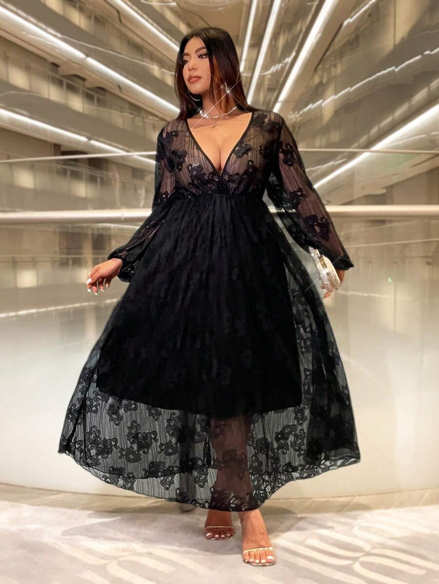 Celure Plus Size Women's Solid Color Lace Patchwork Long Sleeve Dress