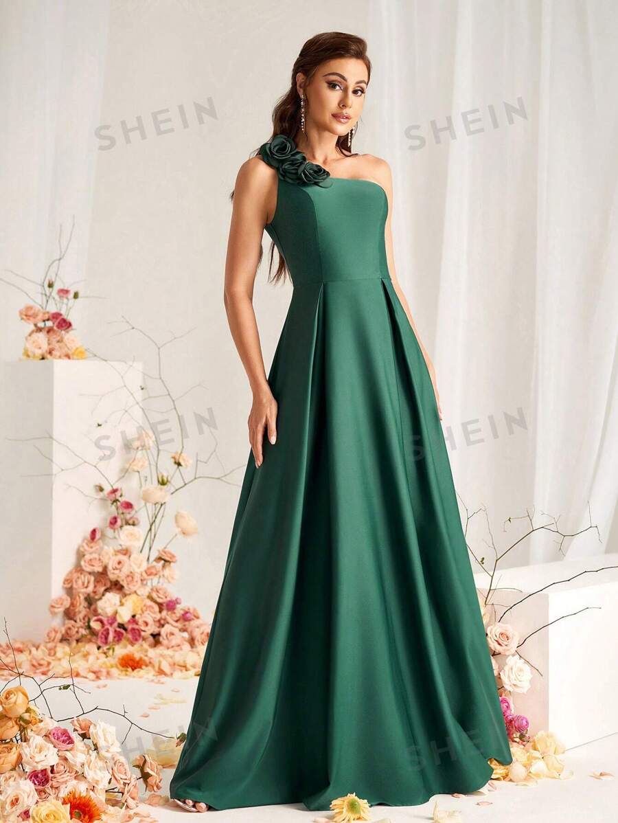 SHEIN Belle Vestido de satén asimétrico en color verde musgo elegante y romántico con decoración floral 3D, falda plisada tipo globo, adecuado para bodas y eventos formales como vestido de dama de honor