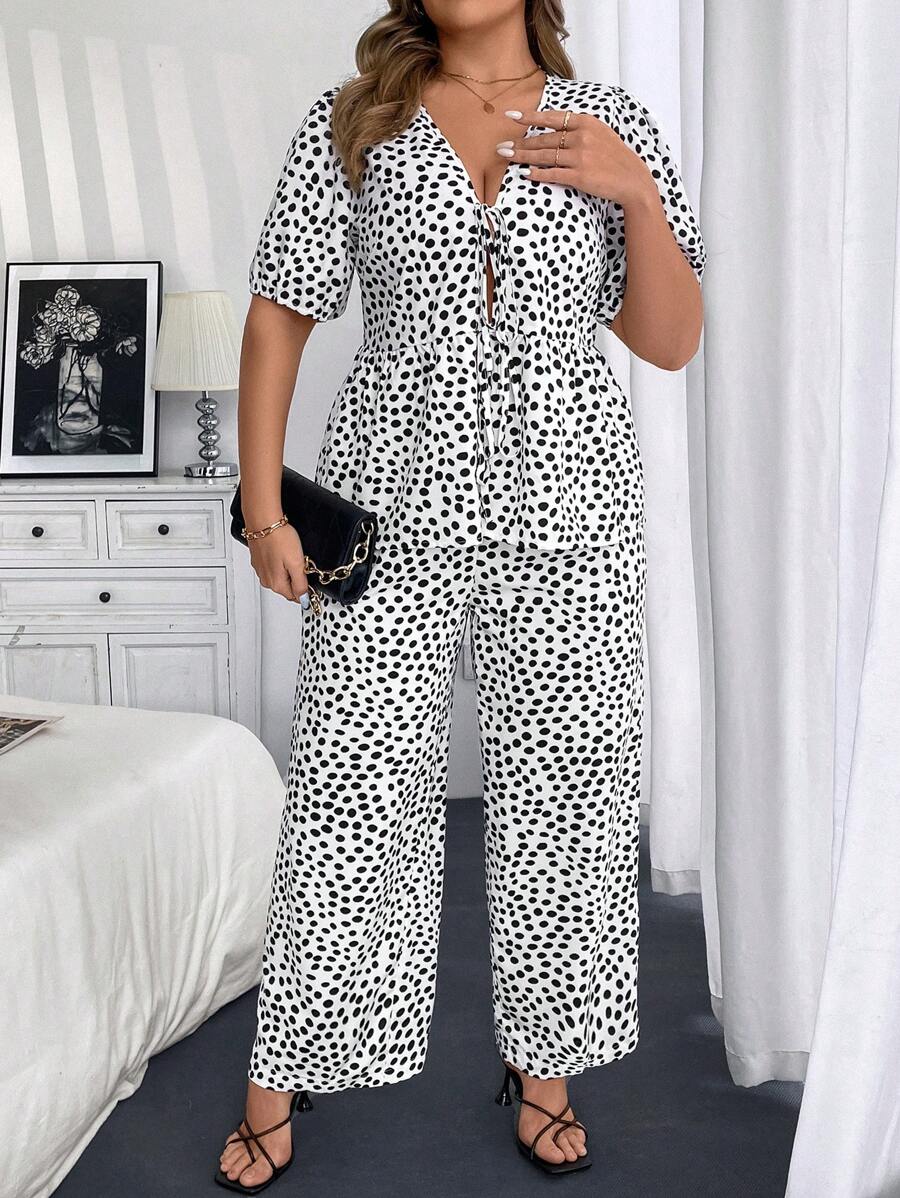 Franclia Plus Size Women Deep V-Neck Polka Dot Print Short Sleeve Blouse With Tie-Up And Loose Straight Pants