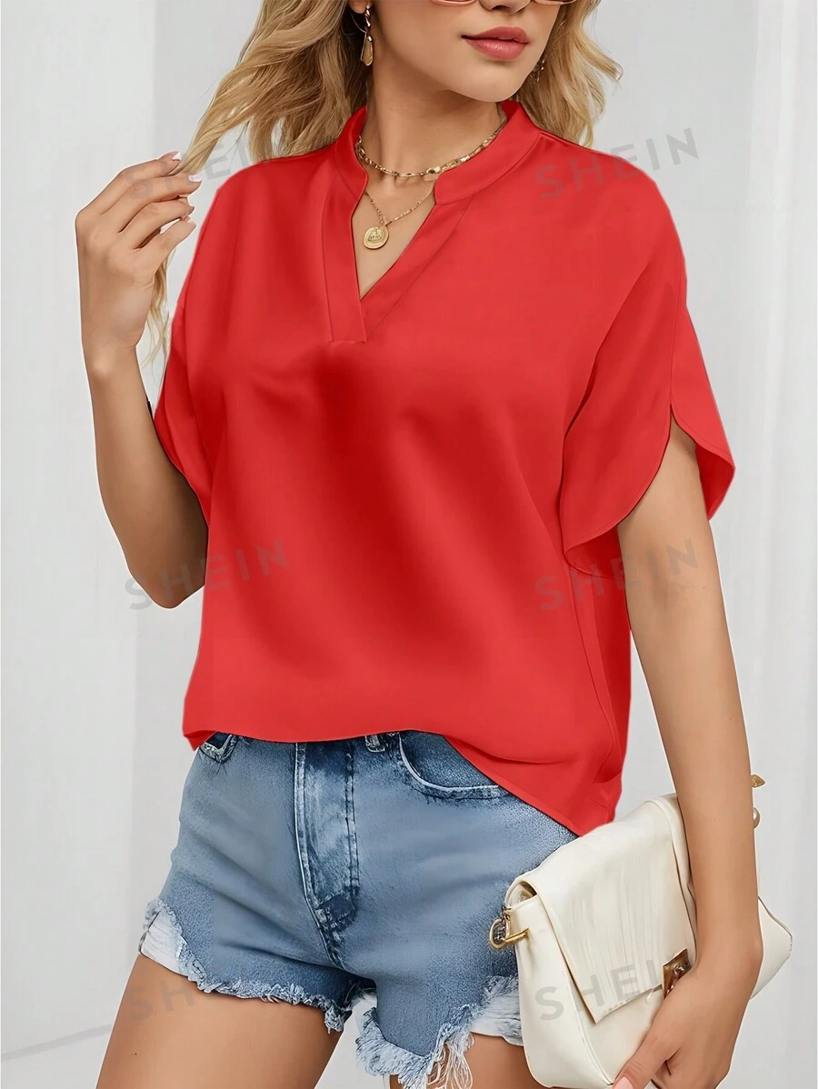 INAWLY Blusa de mujer de manga corta y cuello en V de unicolor, casual diario