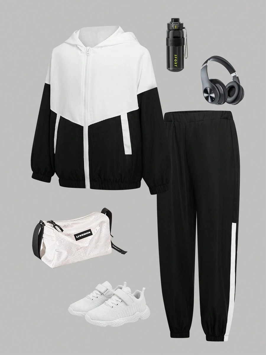 Tween Jongens Hooded Zip-Up Jack & Stripe Contrast Broek Set, Zwart, Herfst/Winter