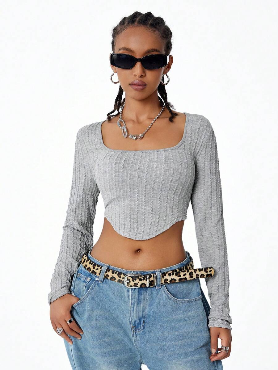 SHEIN Coolane Women's Fall Basic Streetwear Fashion Knit Cable-Knit Textured Fitted Long Sleeves Grey Tee For Back To School