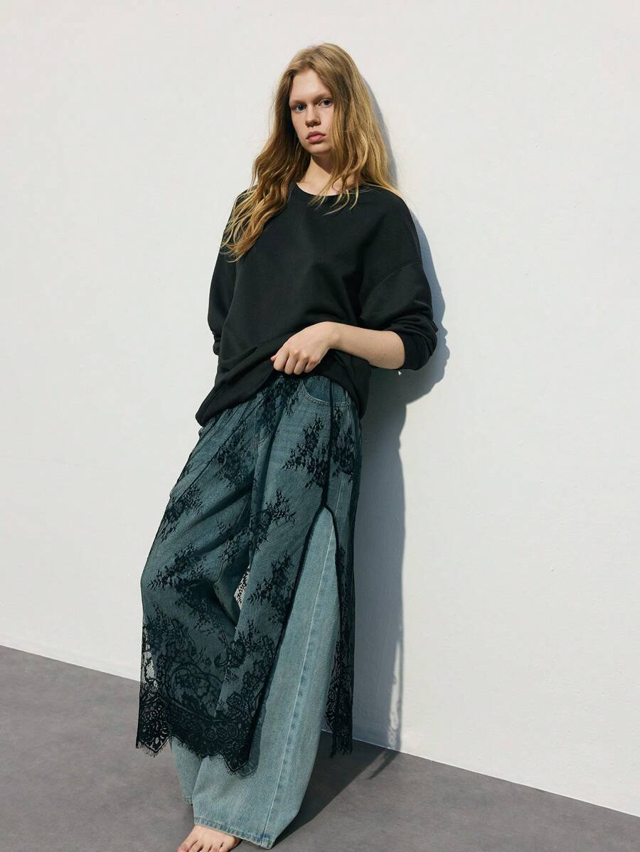 Maija 2pcs Women's Casual Solid Color Sweatshirt And Lace Side Slit Skirt Set