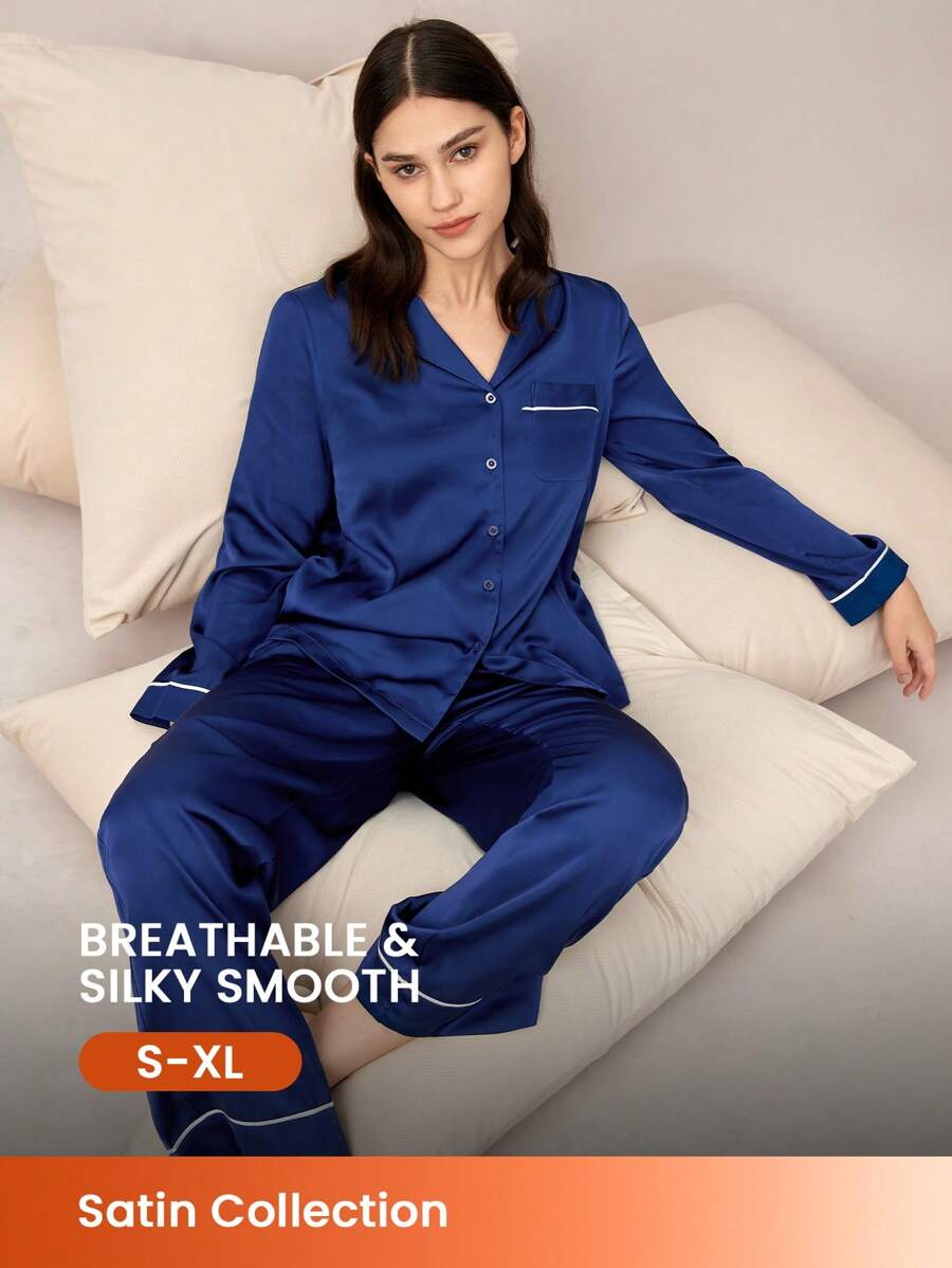 LUVLETTE Conjunto de pijama básico de satén azul oscuro con botones para mujer, conjunto de prendas de estar en casa