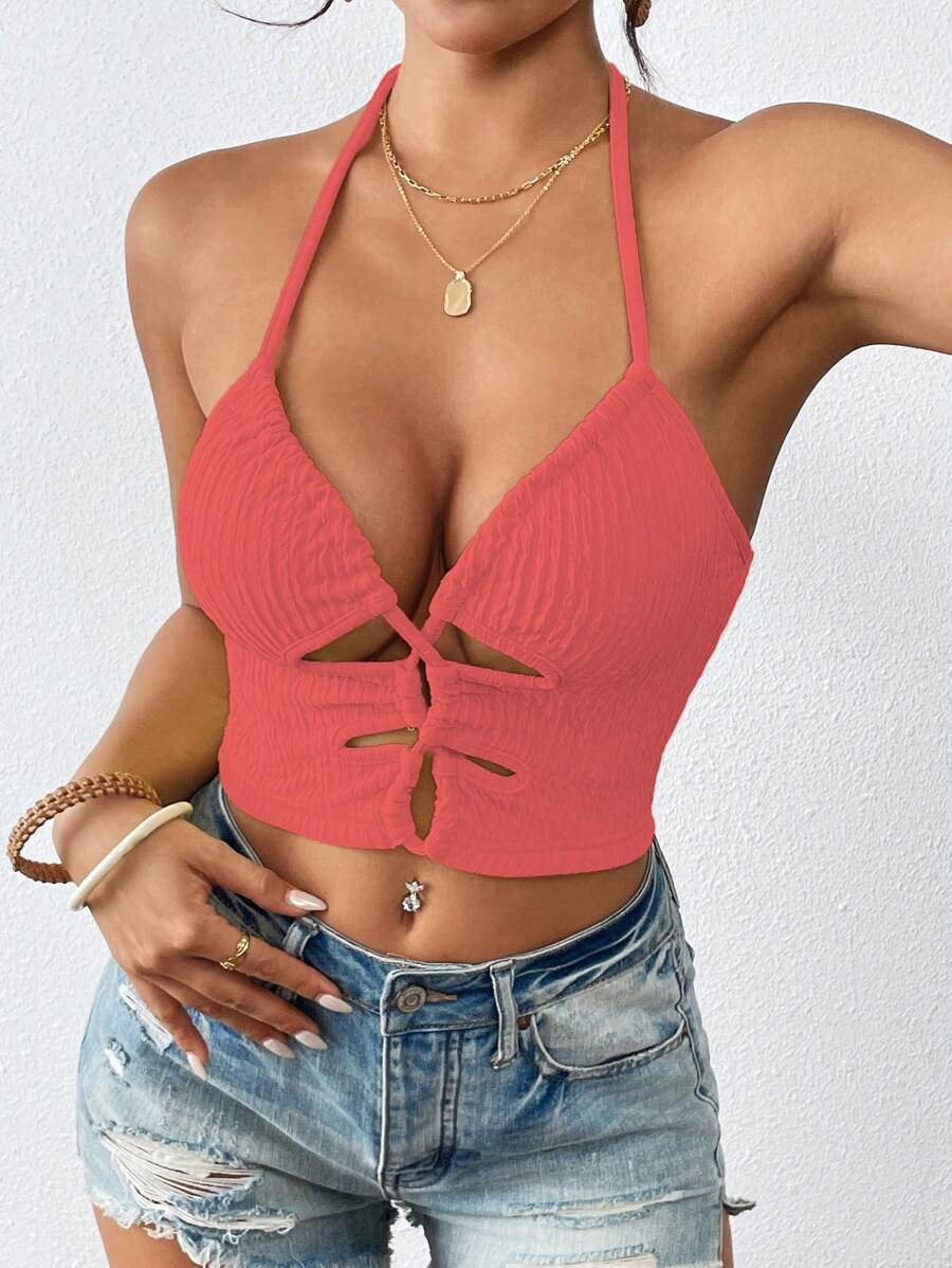 Breezaya Women's Summer Solid Color Hollow Out Short Fitted Sexy Halter Neck Camisole