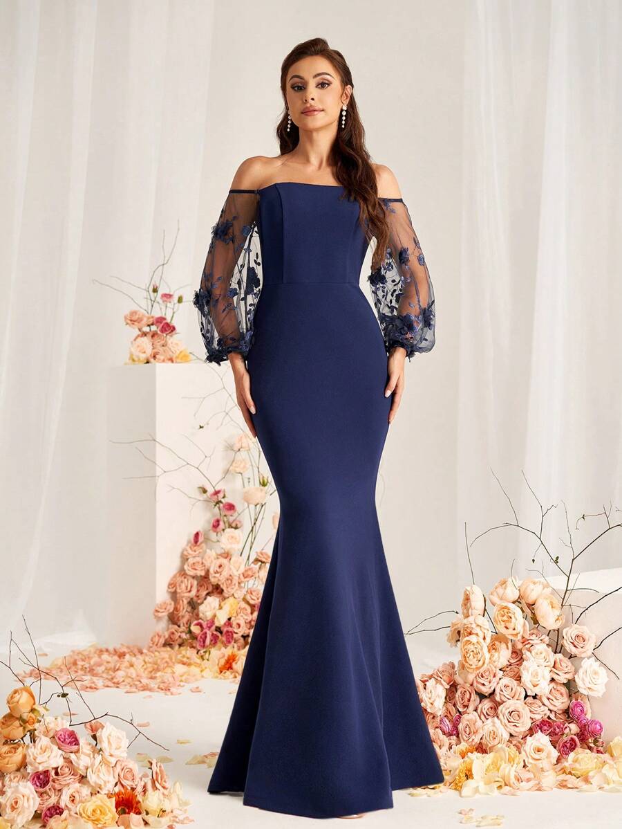 SHEIN Belle Romantyczna granatowa elastyczna dzianina dzianinowa z siateczką łączącą hafty trójwymiarowe kwiaty jedno ramię latarnia długi rękaw rybi ogon dół nadaje się na wesela formalna sukienka dla druhny, elegancka sukienka