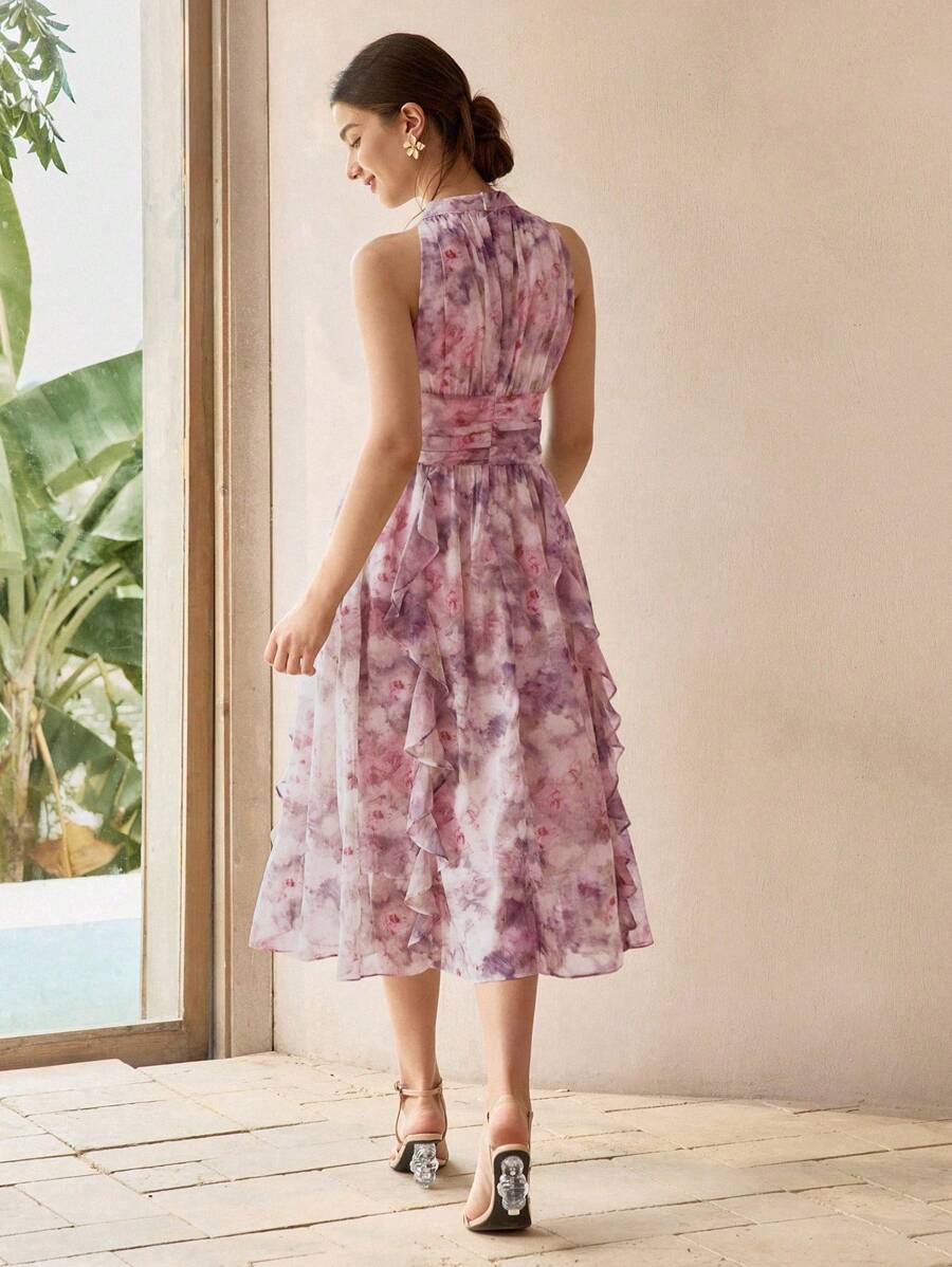 MOTF PREMIUM Vestito midi con vita arricciata, balze e stampa floreale all-over, outfit da donna