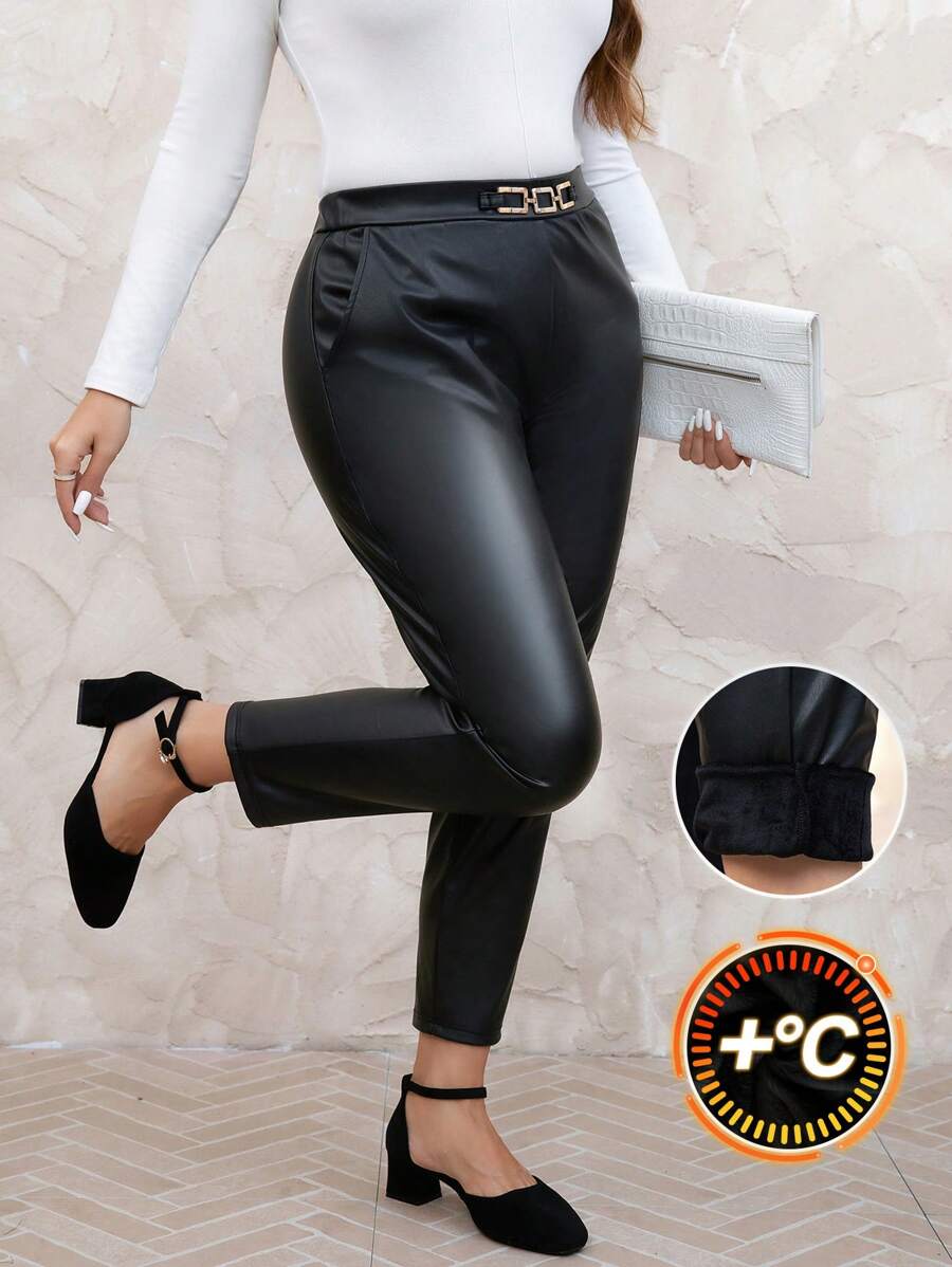 SHEIN Clasi Plus Size Fashion Metal Decor Fleece Leggings