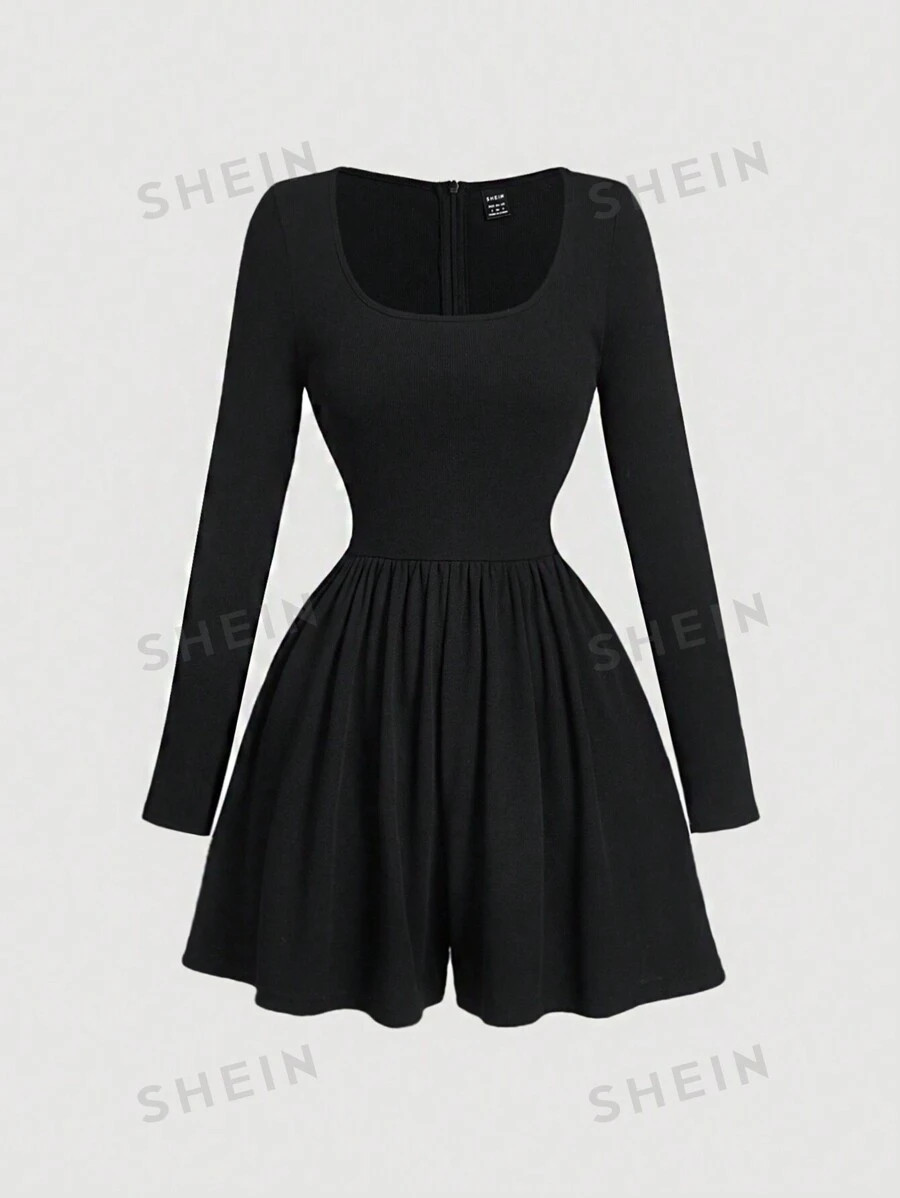 SHEIN MOD Mono de manga larga con cuello alto negro para mujer, mono-vestido versátil, atuendo de principios de otoño de manga larga para ropa y conjuntos de mujer en otoño