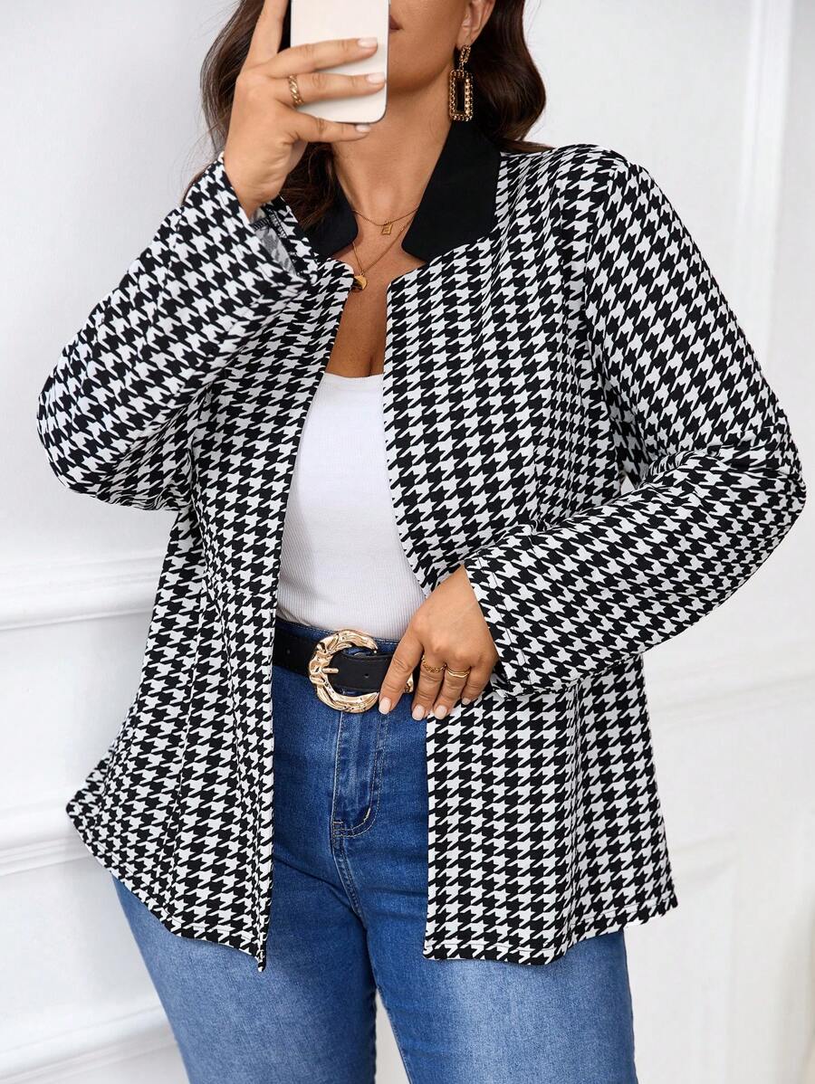SHEIN Frenchy Plus Size Houndstooth Print Gathered Waist Jacket, Fall/Winter
