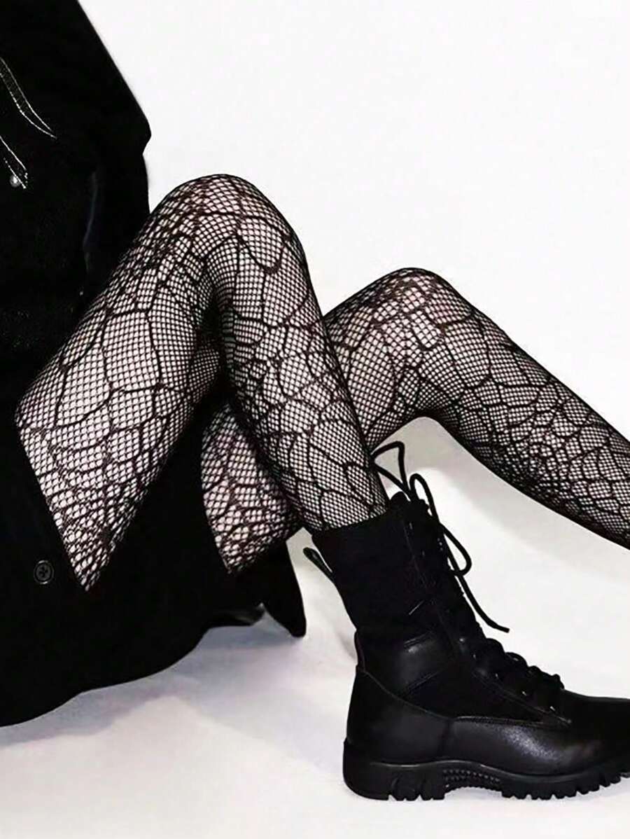1 par Medias de rejilla con telaraña negra de Halloween, medias finas de encaje hueco y malla para mujer, tipo gótico oscuro