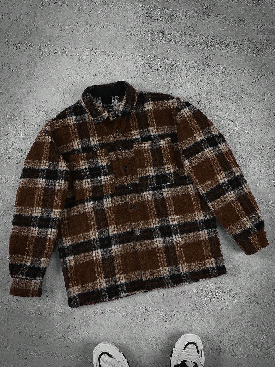 Manfinity Homme Camisa-chaqueta casual a cuadros para hombres, ropa de hombre de otoño e invierno, chaqueta abrigada de invierno