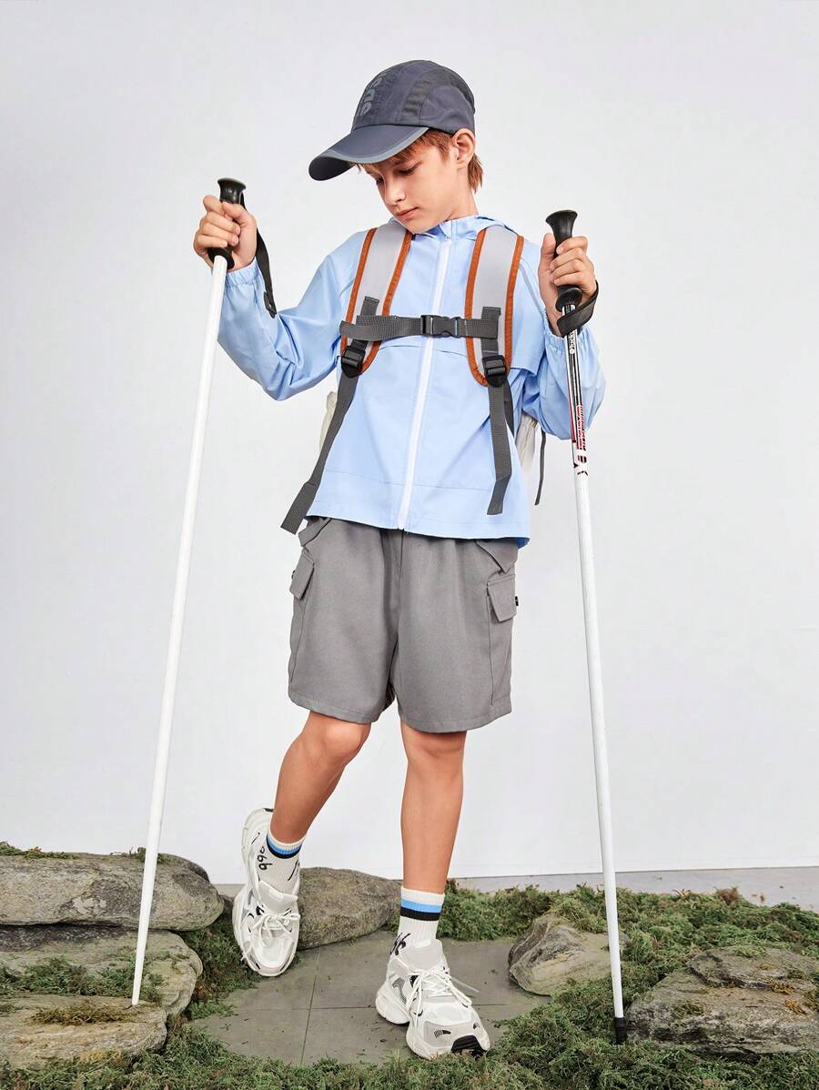 SHEIN Jaqueta esportiva com capuz para adolescentes com bolsos, resistente à água e à abrasão, para caminhadas, acampamentos, pesca, azul claro