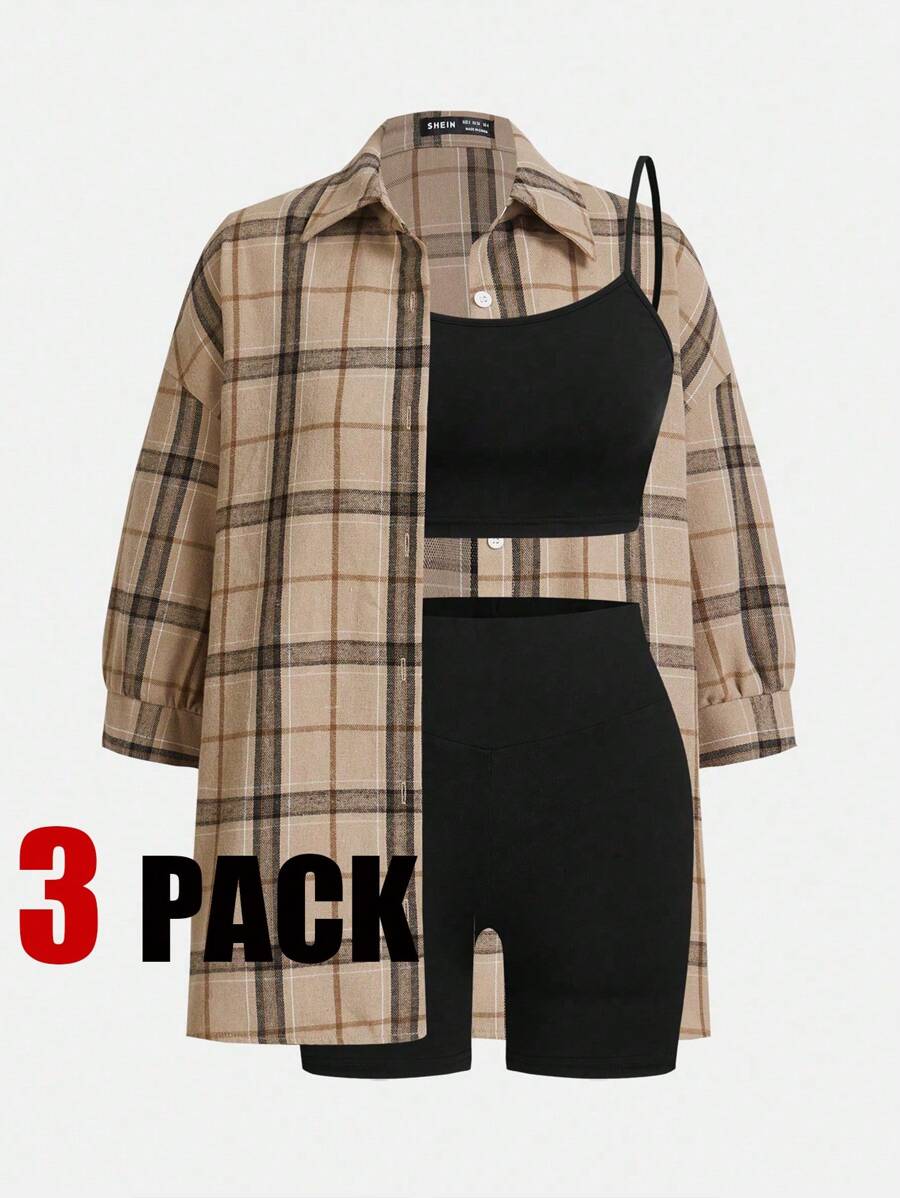SHEIN Essnce Conjunto de 3 piezas de mujer talla grande para otoño e invierno: camisa holgada de cuadros caqui de manga larga y shorts negros con tirantes, ropa de mujer de otoño, estilo Y2K, conjuntos de atuendos, ropa deportiva, atuendos de aeropuerto
