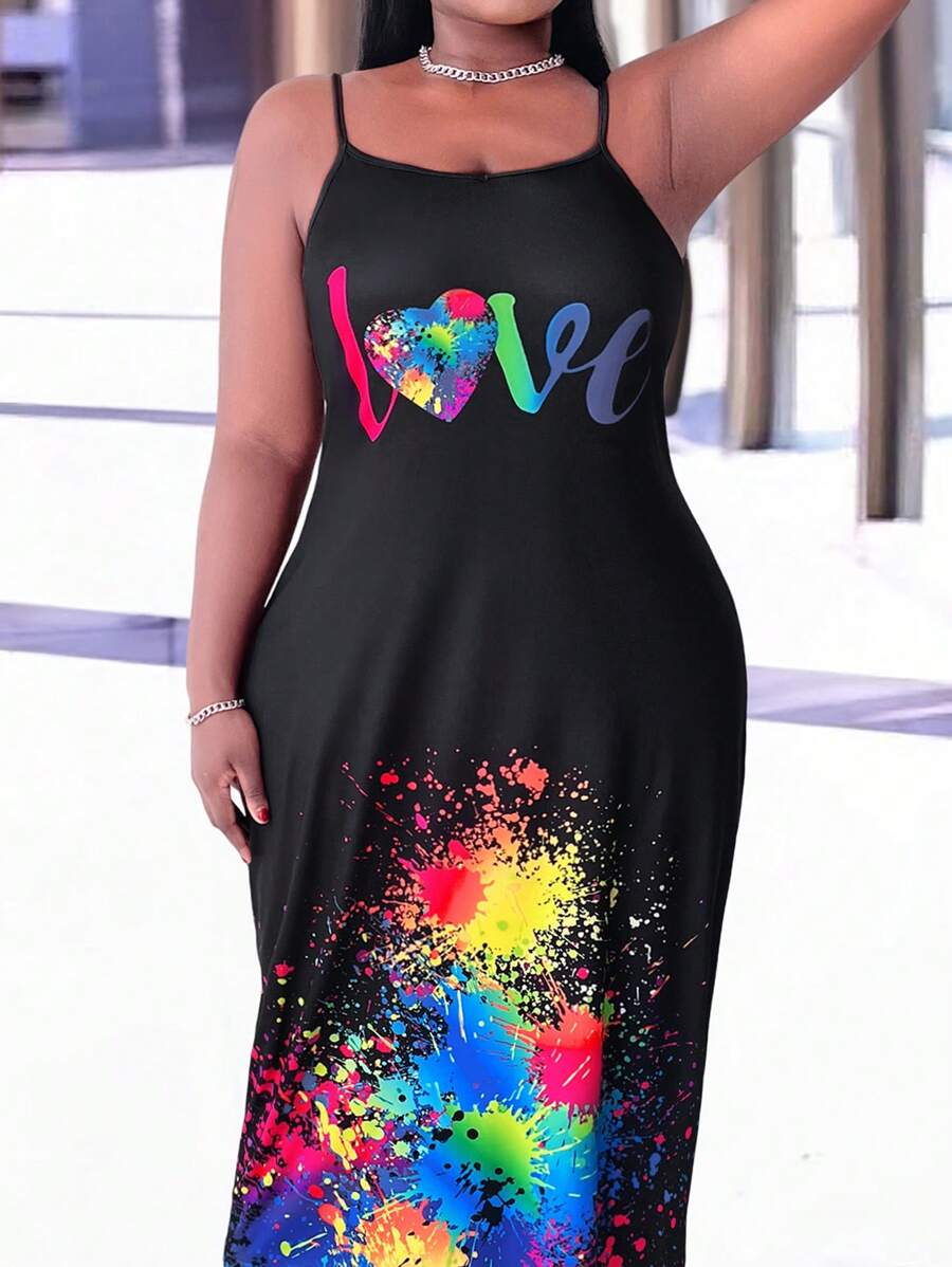 LONESS Plus Size Summer Dress With Letter Print, Ink Splash Design And Spaghetti Straps