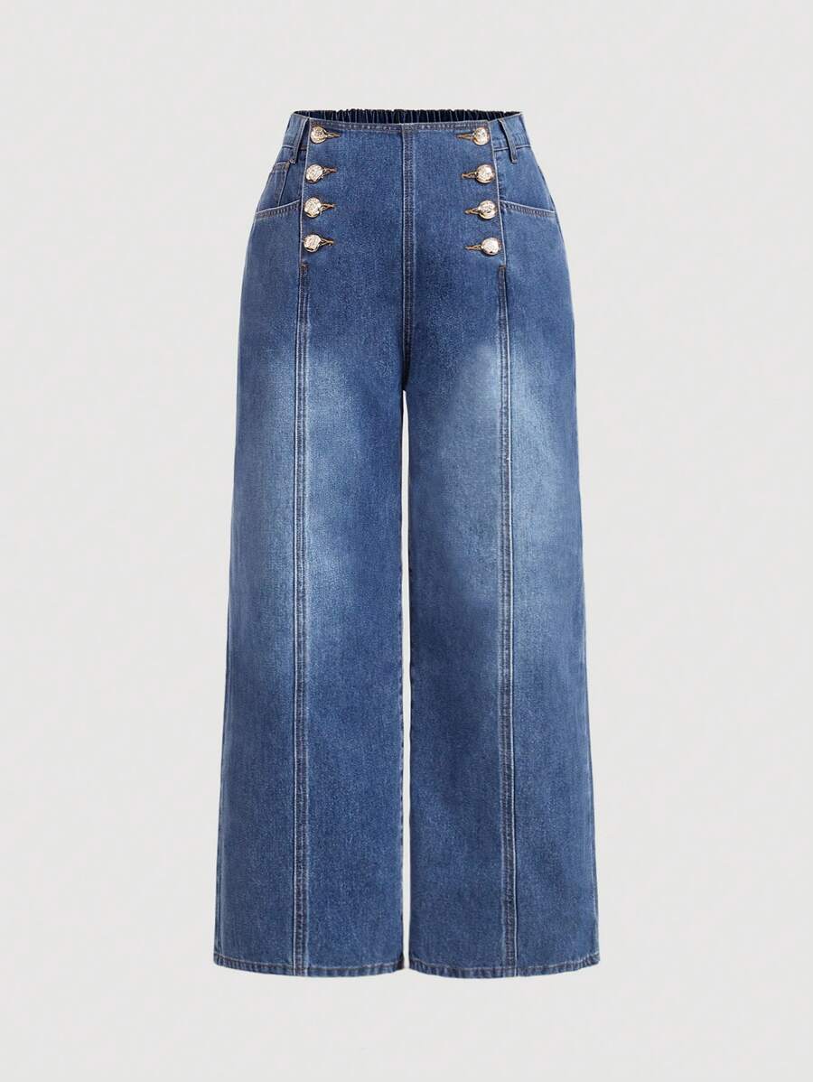 SHEIN MOD Plus Size Losse Flared Leg Jeans Met Knoopdetail, Blauw