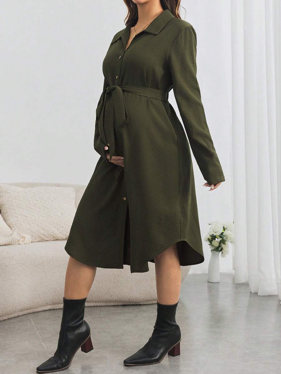 SHEIN Maternity Casual Button Shirt Dress, Long Loose Pregnancy Dress For Fall Season