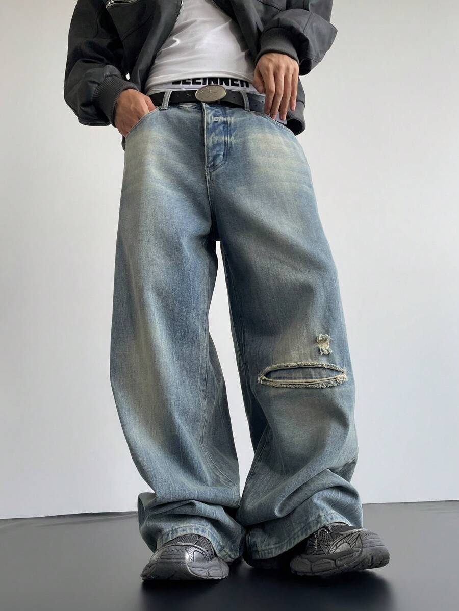 Manfinity EMRG Men's Light Blue Denim Casual Wide Leg Baggy Jeans