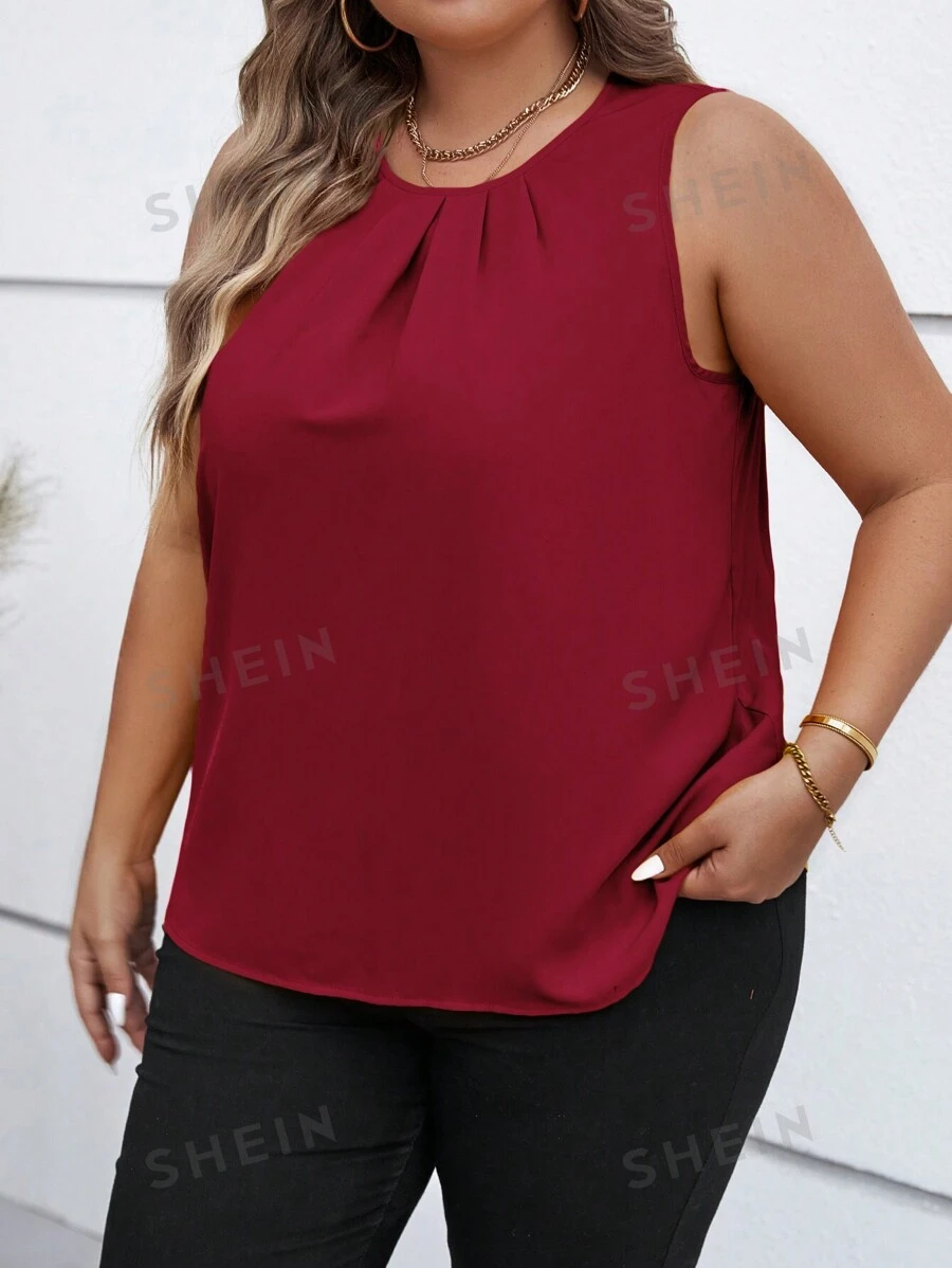 SHEIN Clasi Blusa sin mangas de cuello redondo de unicolor, talla grande, verano