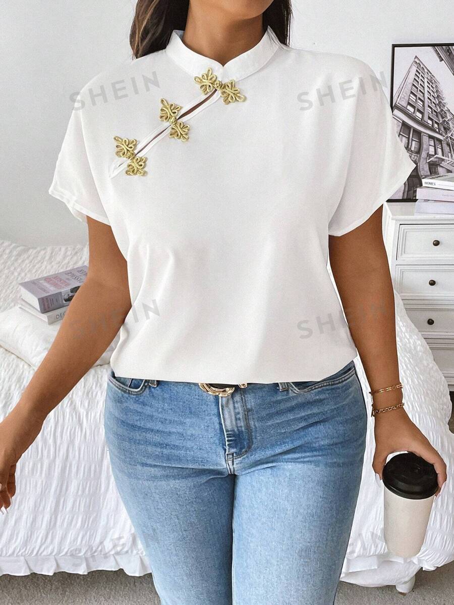 Franclia Blusa de manga corta con botones de estilo chino talla grande para mujeres