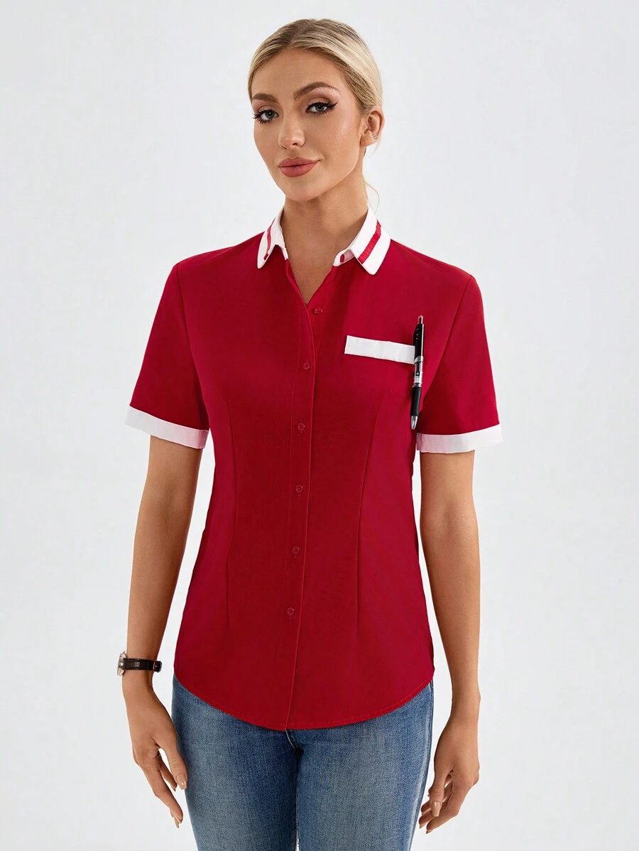 TaskEZ Uniforme de trabajo con botones delanteros de manga corta y bloques de color para mujeres