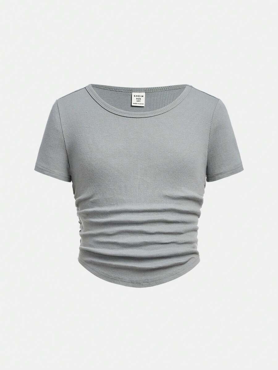 SHEIN Tween-Mädchen Lässig einfarbiges Strick Rundhals Kurzarm T-Shirt