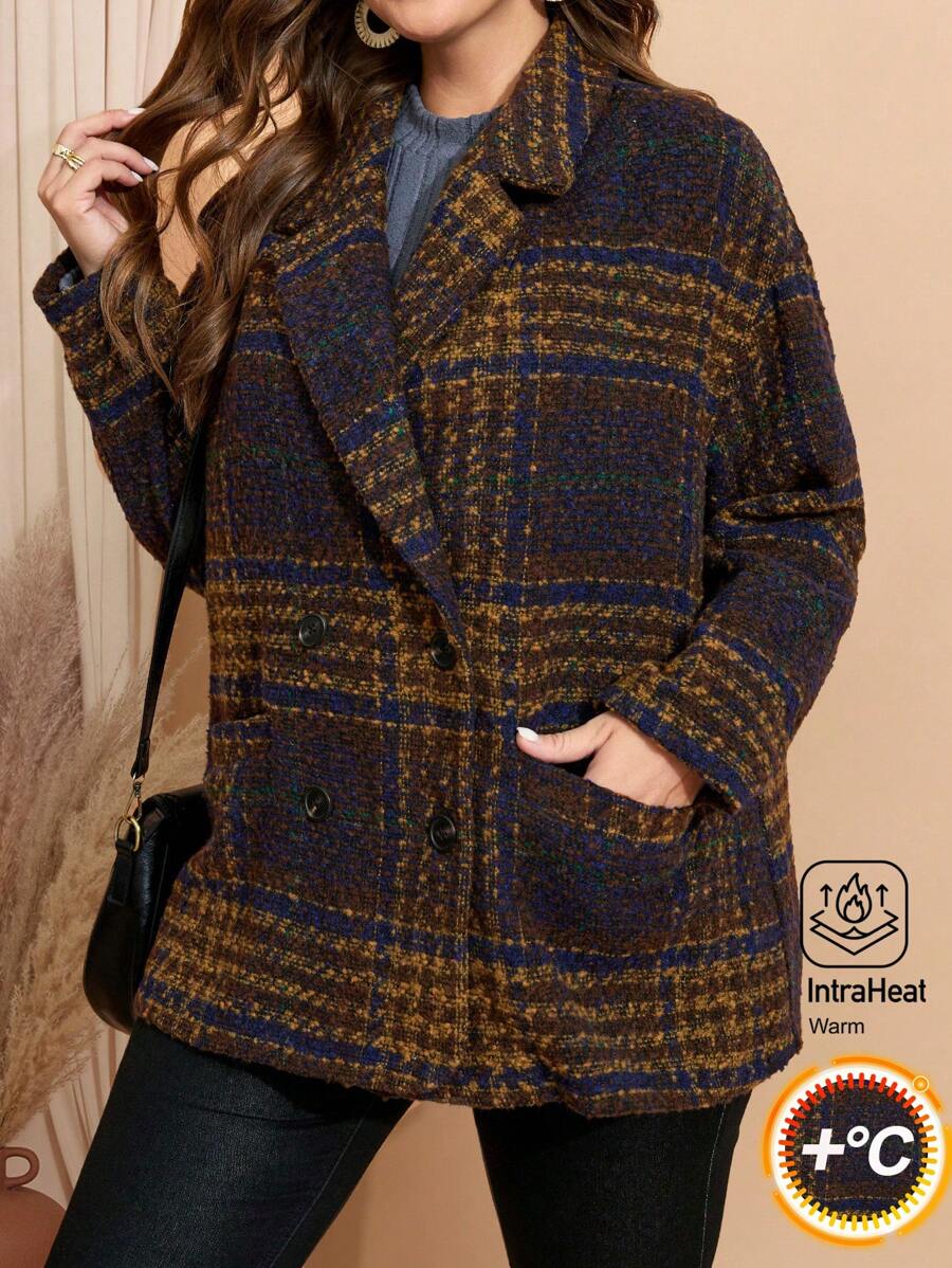 EMERY ROSE Plus Size Women's Plaid Lapel Thermal Long Sleeve Knitted Coat, Fall/Winter