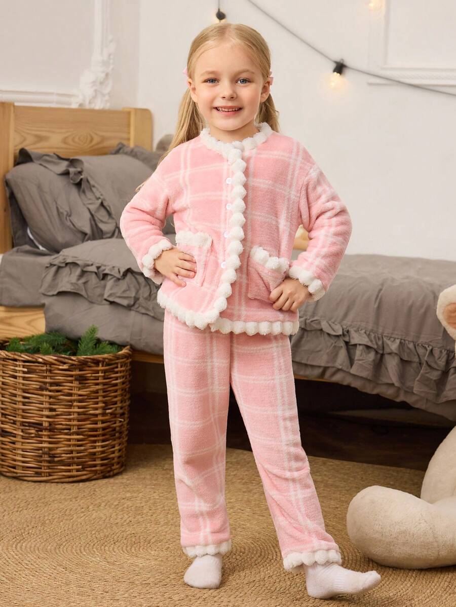 3pcs Young Girl Winter Fleece Pajama Set, Long Sleeve Cardigan With Pockets & Long Sleeve Top And Pants, Mommy And Me Matching Outfits (Sold Separately)