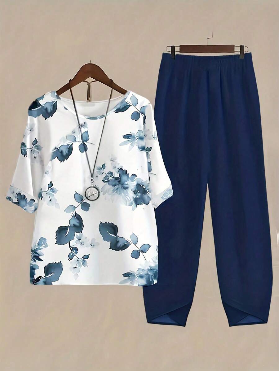 EMERY ROSE 2pcs Women's Summer Floral Print Casual Round Neck Short Sleeve Top And Pants Set