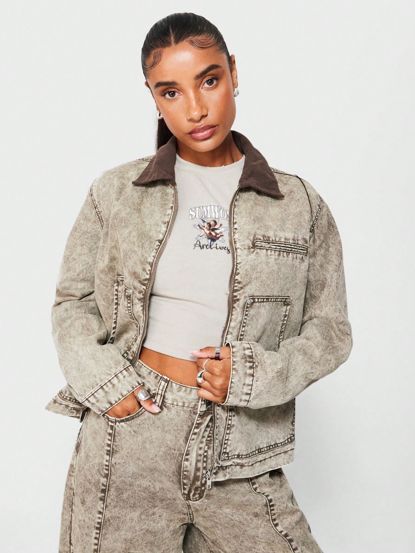 ジャケット KIIMUIR Woman Utility 2WAY Crop Jacket Brown KBDSWJP001BR Women's Brown Leather Utility Crop Jacket | ME+EM