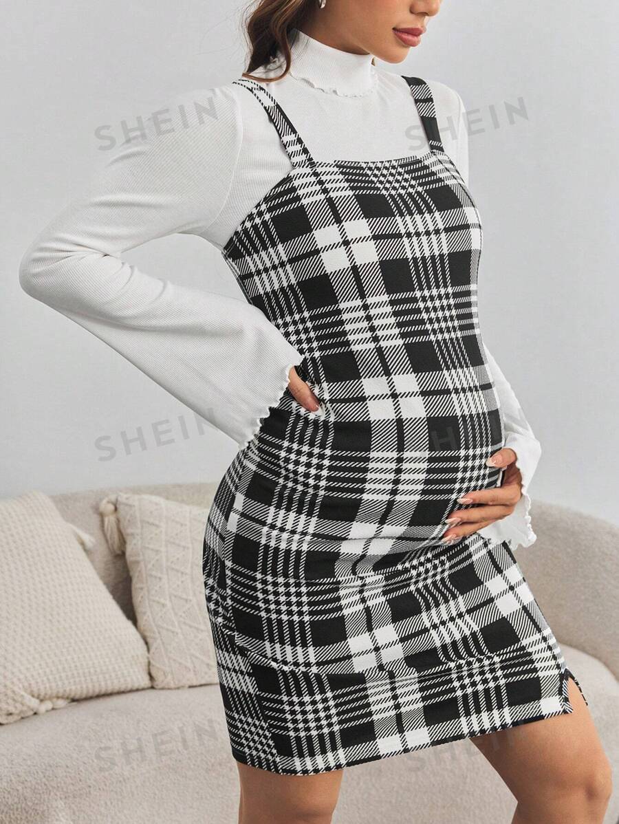 SHEIN 2 piezas Conjunto de maternidad: Top de cuello alto con mangas acampanadas y vestido deslizante a cuadros, conjunto de embarazo ajustado