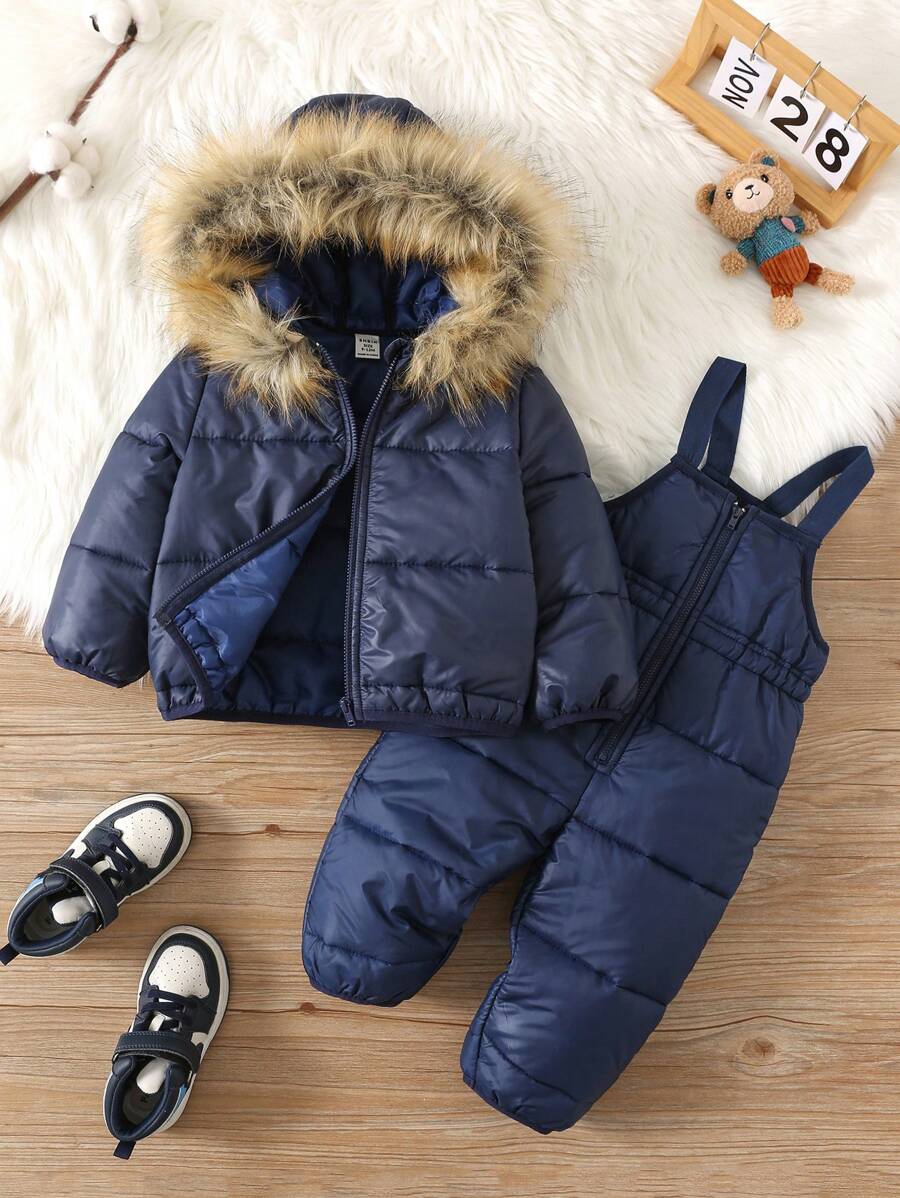 SHEIN 2pcs/Set Baby Boy/Girl Warm Fuzzy Hooded Jacket & Overalls Outfit, Suitable For Autumn And Winter, Great For Outdoor/Skiing
