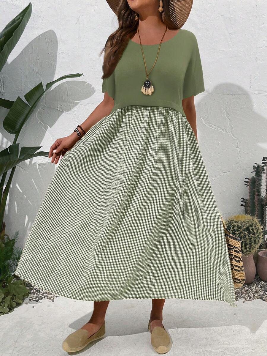 EMERY ROSE Vestido de manga corta de talla grande para mujer con unicolor y parche a cuadros