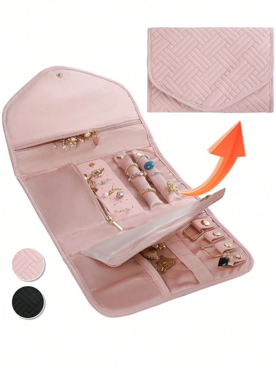 1 pieza Bolsa plegable de almacenamiento de joyas, organizador de estuche de joyas para viaje para aretes, collares, anillos, pulseras, broches, rosa, bolsa de maquillaje, organizador de joyas portátil, accesorio de viaje esencial, negro, rosa en talla M/L