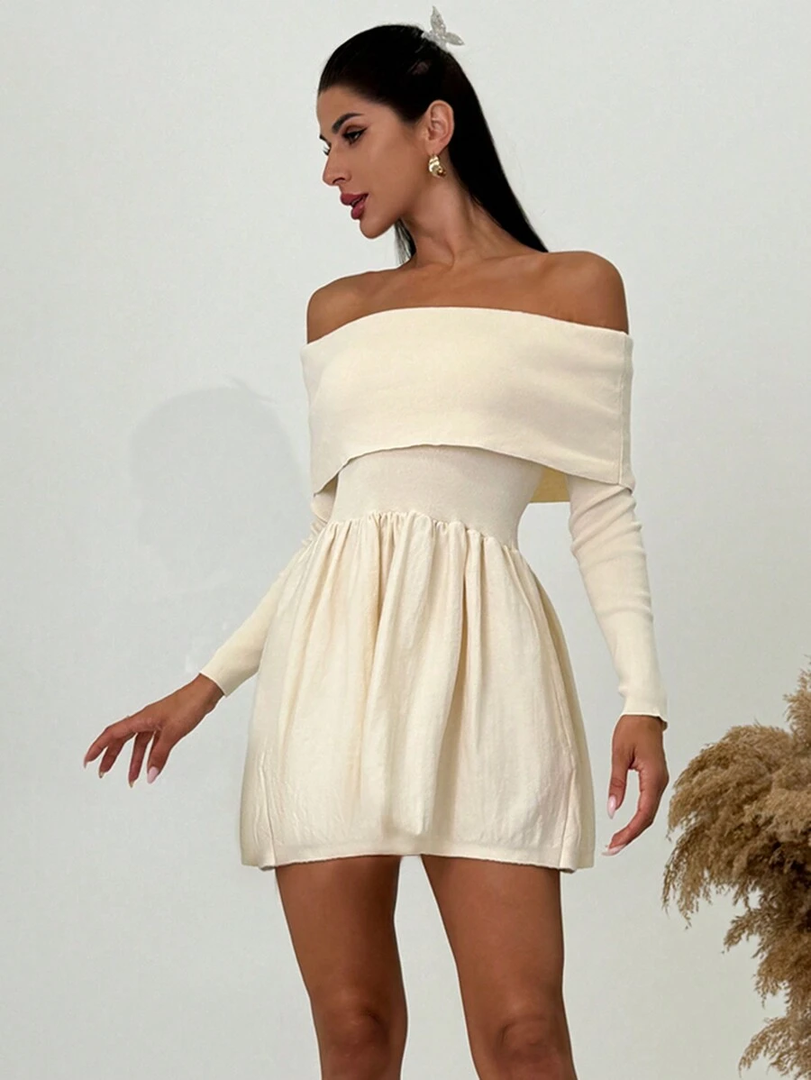 Firerie Dames chique elegante off shoulder lange mouw A-lijn korte gebreide trui jurk, herfst/winter