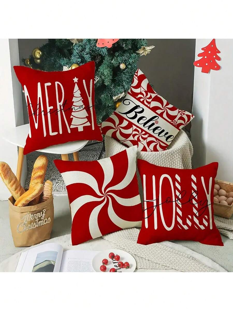 Set de 4 fundas de cojín para tiro con diseños navideños - Fundas de cojín de poliéster con cremallera contemporáneas para decoración del hogar, lavables a máquina, con estampado floral tejido, se adapta a varios tipos de habitaciones, 18x18 pulgadas - Fundas decorativas para cojines festivos (los insertos no están incluidos)