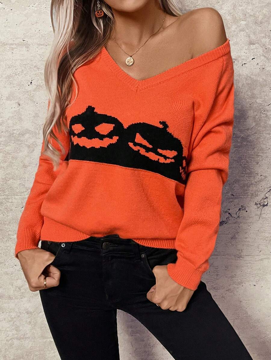 SHEIN LUNE Orange V-Neck Cartoon Pattern Cute Fall Long Sleeve Pullover Sweater
