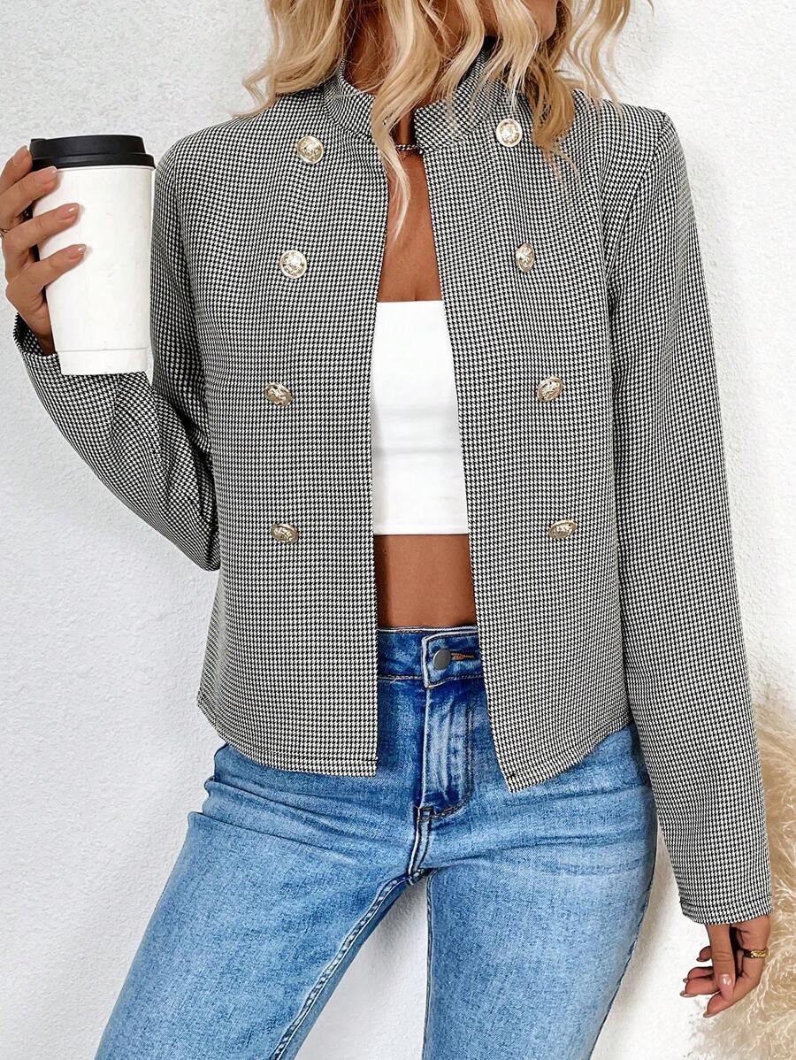 Chiquease Chaqueta con doble botonadura de metal con cuello alto, manga larga y estampado de pata de gallo para mujer, para primavera y otoño