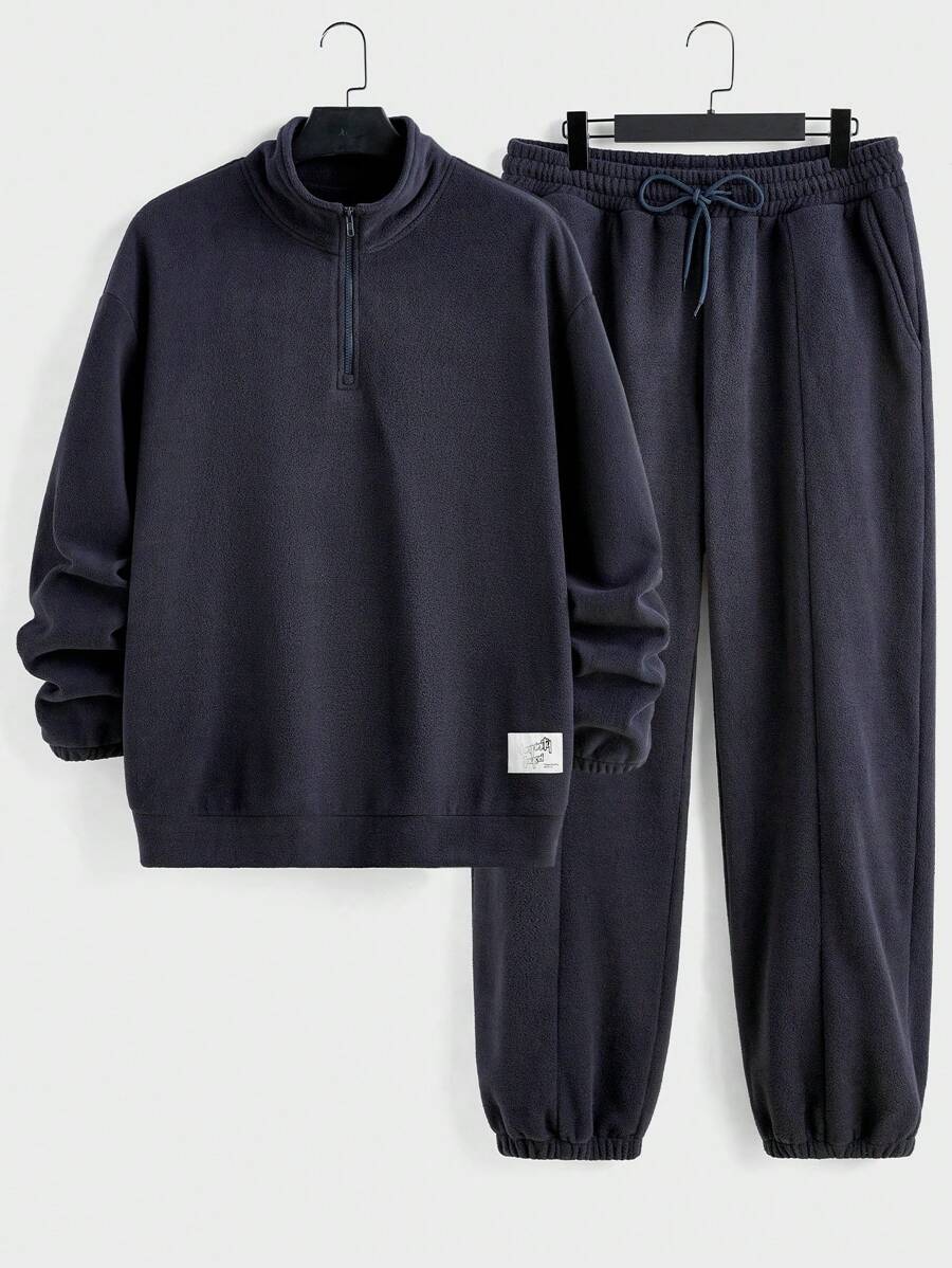 Manfinity Hypemode 2pcs Men's Stand Collar Zip-Up Plain Sweatshirt And Casual Pants Suit